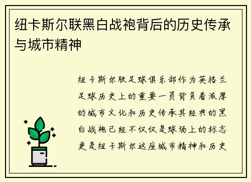 纽卡斯尔联黑白战袍背后的历史传承与城市精神